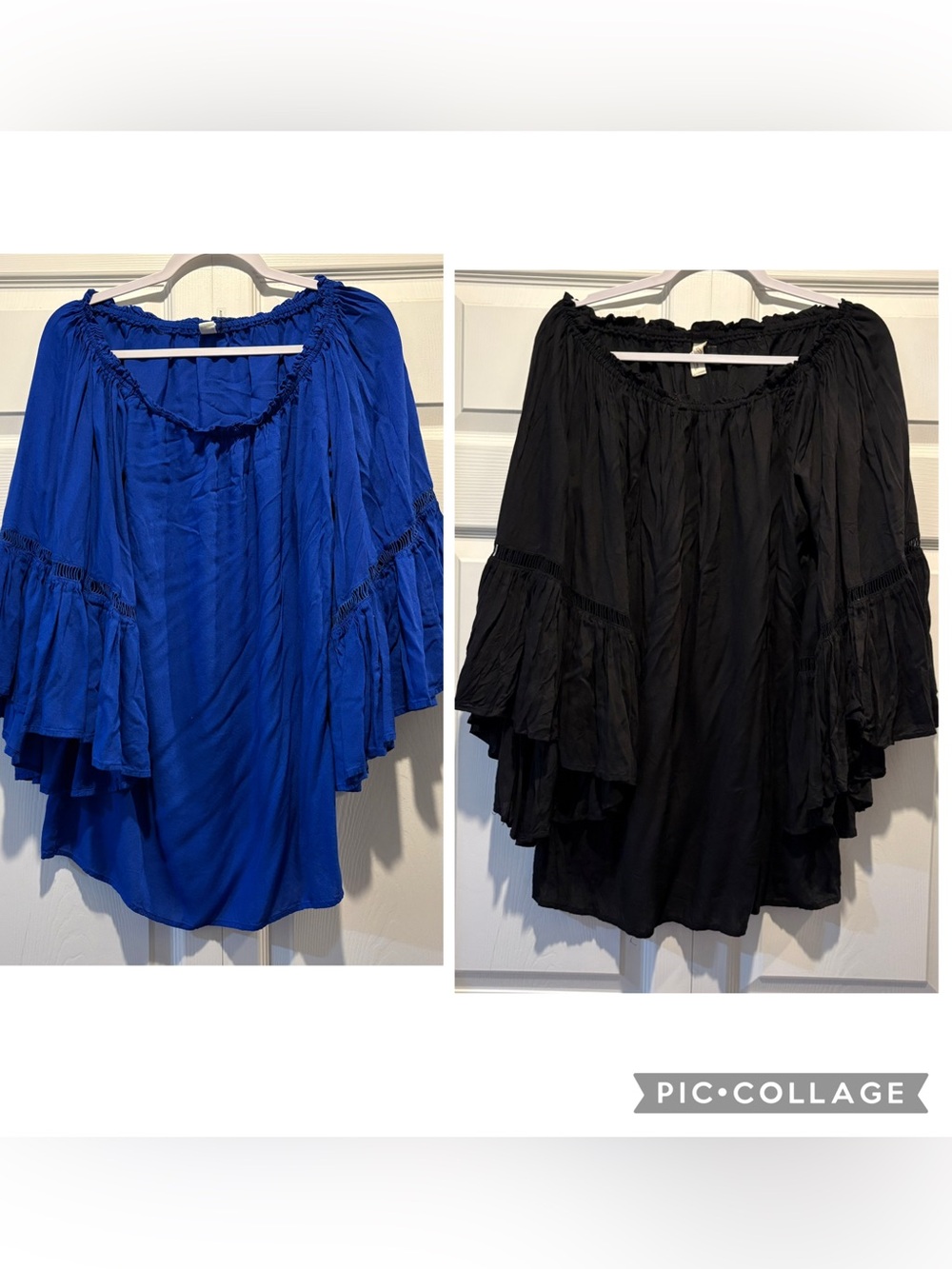Elan Royal Blue/ black Off-the-Shoulder Ruffle Sleeve Blouses (2) boho flowy O/S